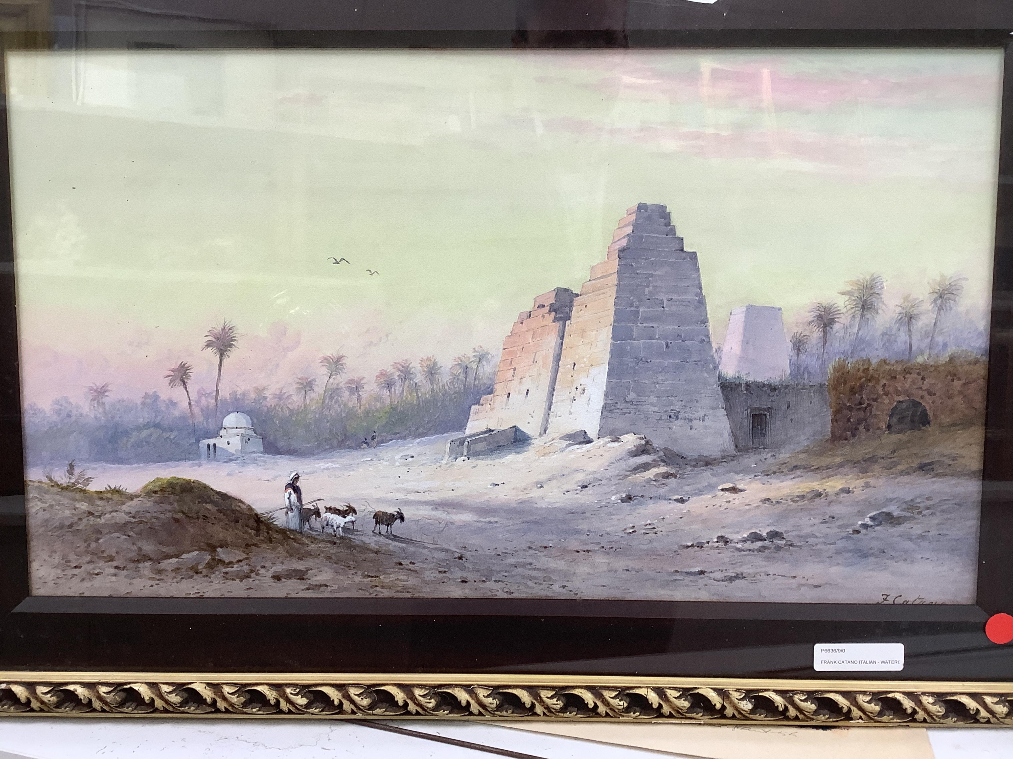 Frank Catano (Italian, 1880-1920), Orientalist watercolour, Figures before pyramids, signed, 32 x 58cm